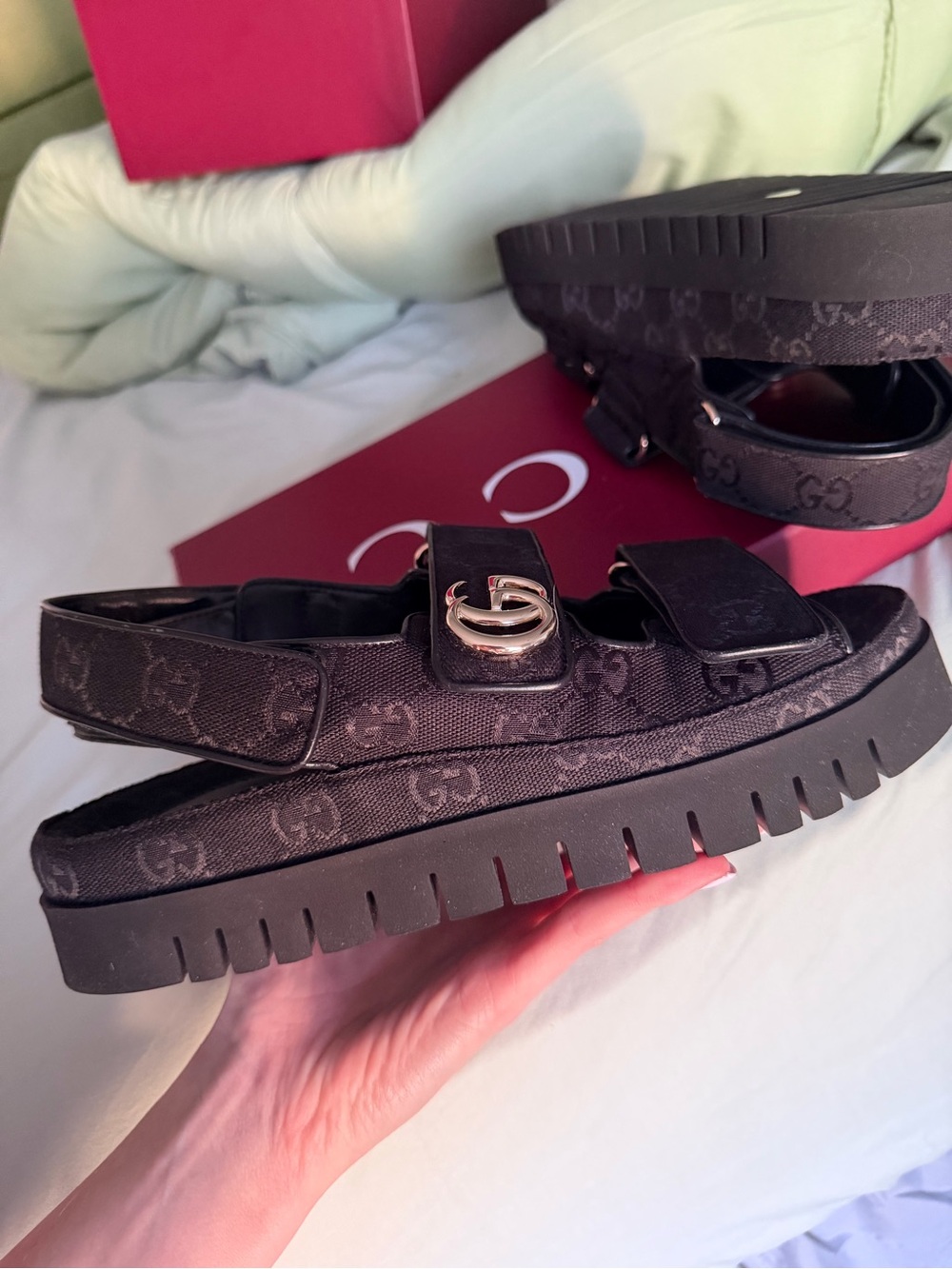 Gucci Black GG Canvas Platform Sandals with Gold Double G - Picture 2 of 9